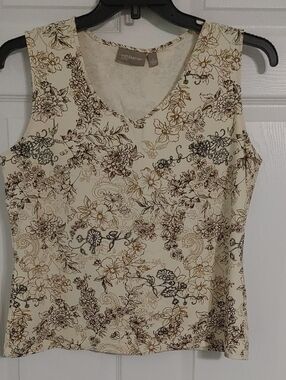 croft & barrow Cream Sleeveless Floral V-Neck Tank Size Large